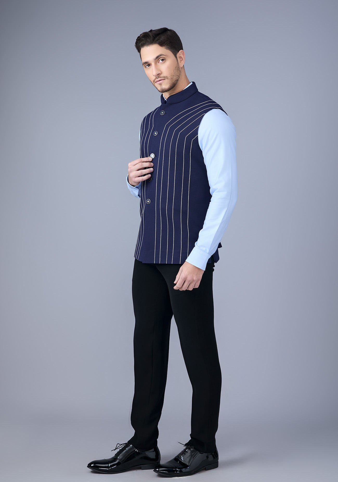 Navy Blue White Stitch Nehru Jacket