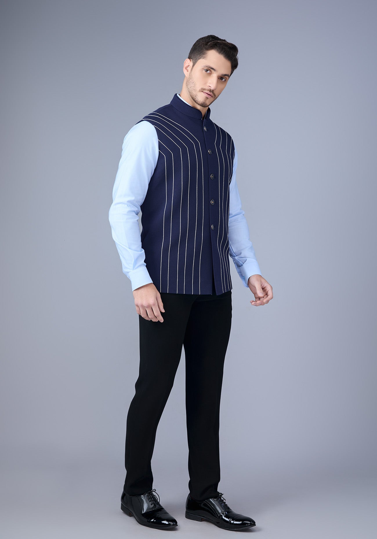 Navy Blue White Stitch Nehru Jacket