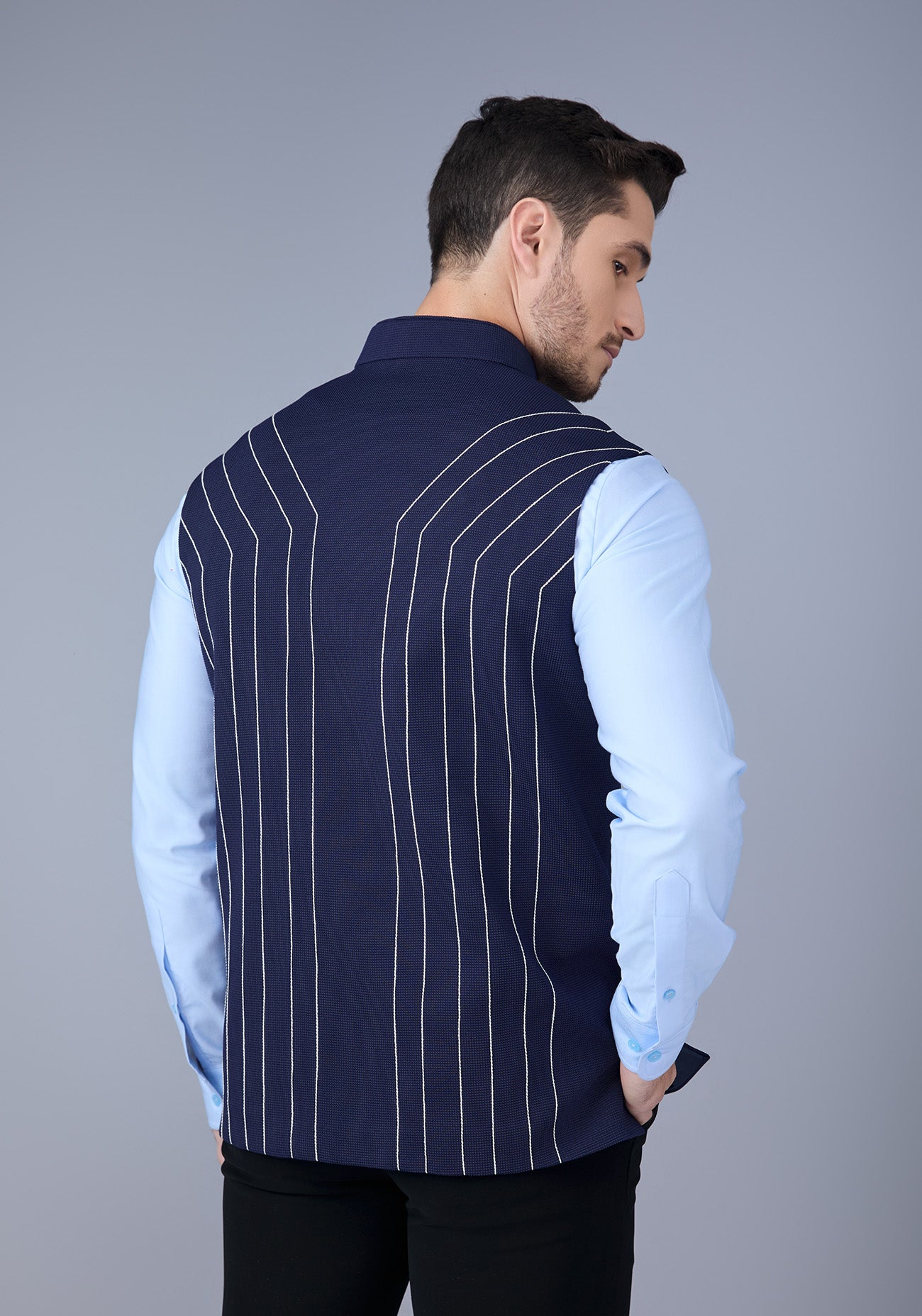 Navy Blue White Stitch Nehru Jacket