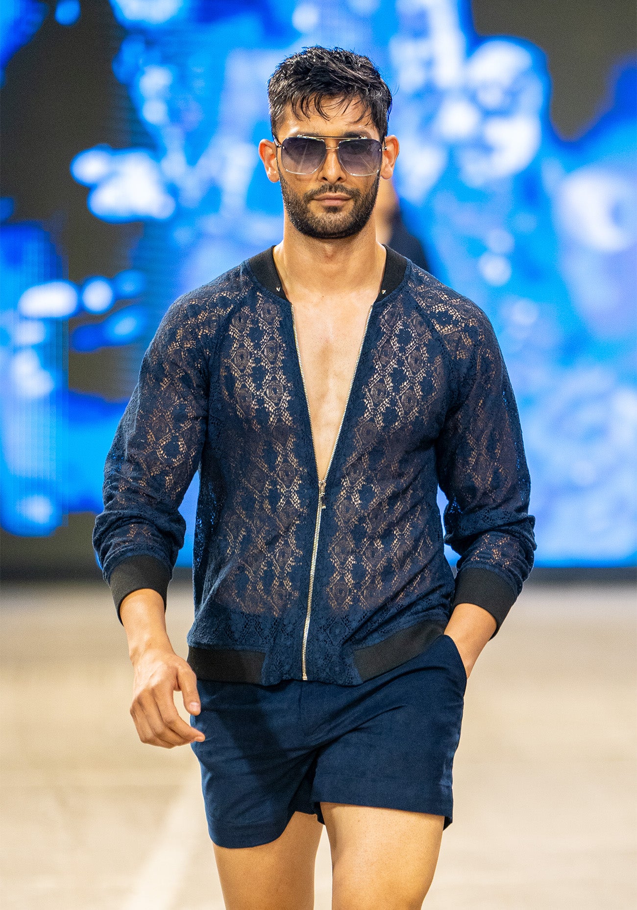 Navy Lace Jacket with Navy Shorts