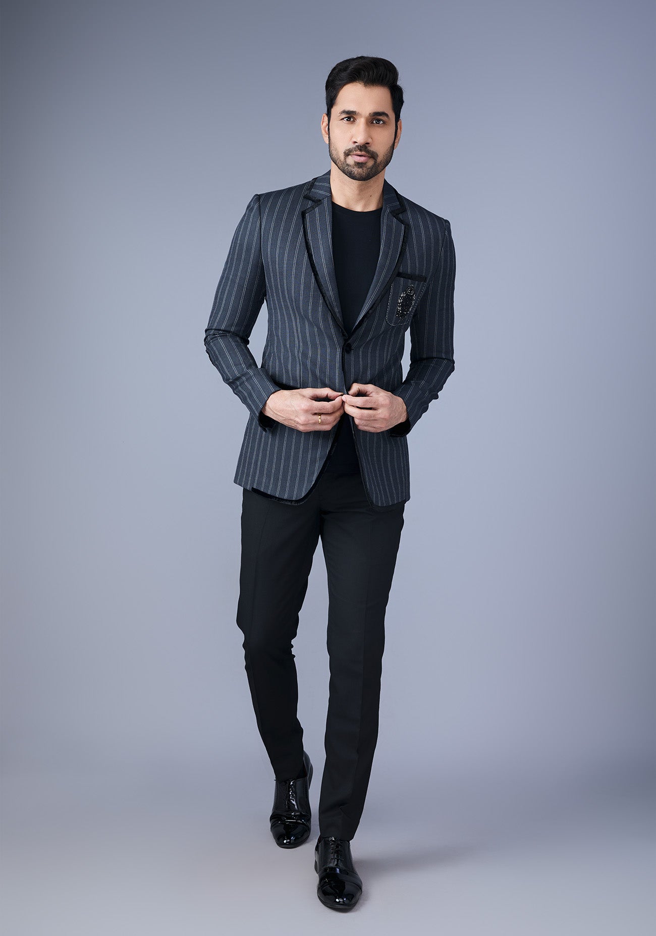 Dark Grey Striped Motif Blazer