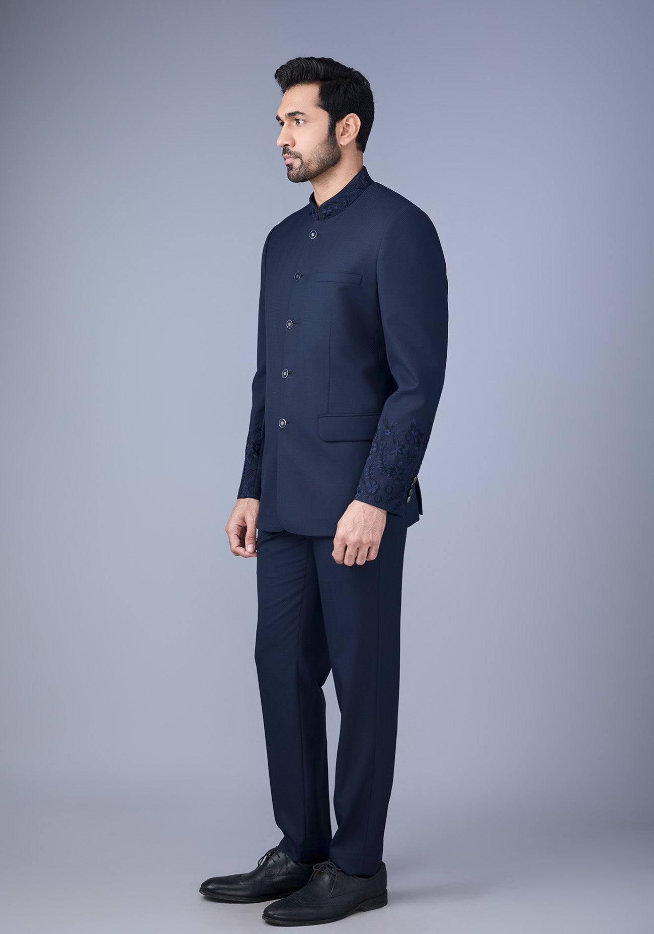 Navy Blue Embroidered Bandhgala
