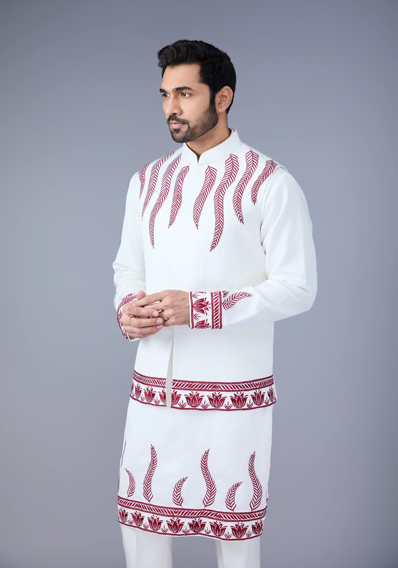 Off White Maroon Leaf Embroidery Nehru Jacket Set