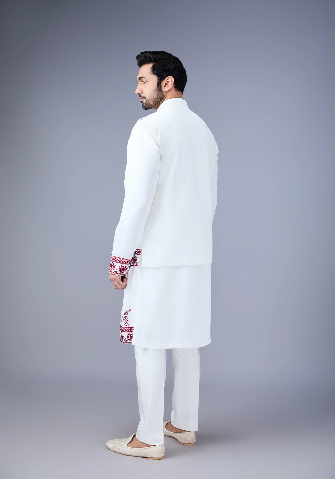 Off White Maroon Leaf Embroidery Nehru Jacket Set