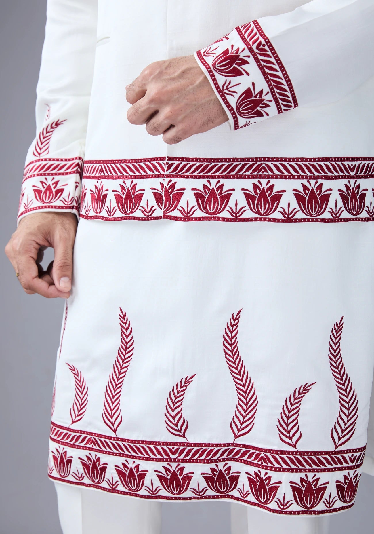 Off White Maroon Leaf Embroidery Nehru Jacket Set