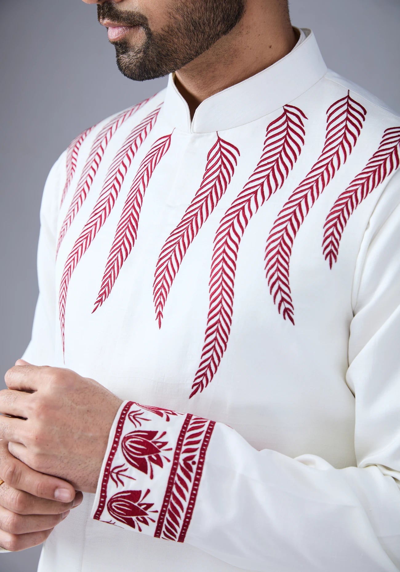 Off White Maroon Leaf Embroidery Nehru Jacket Set