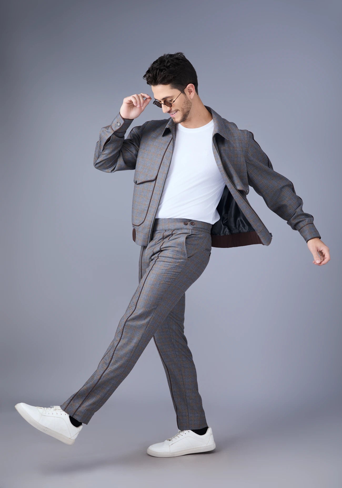 Grey Checked Bomber Jacket Set