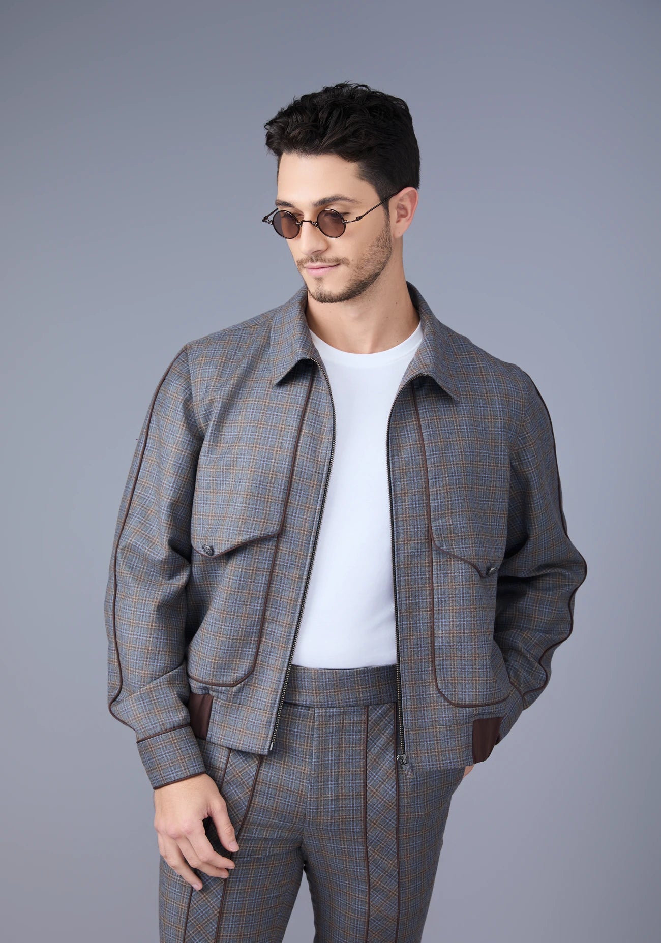 Grey Checked Bomber Jacket Set