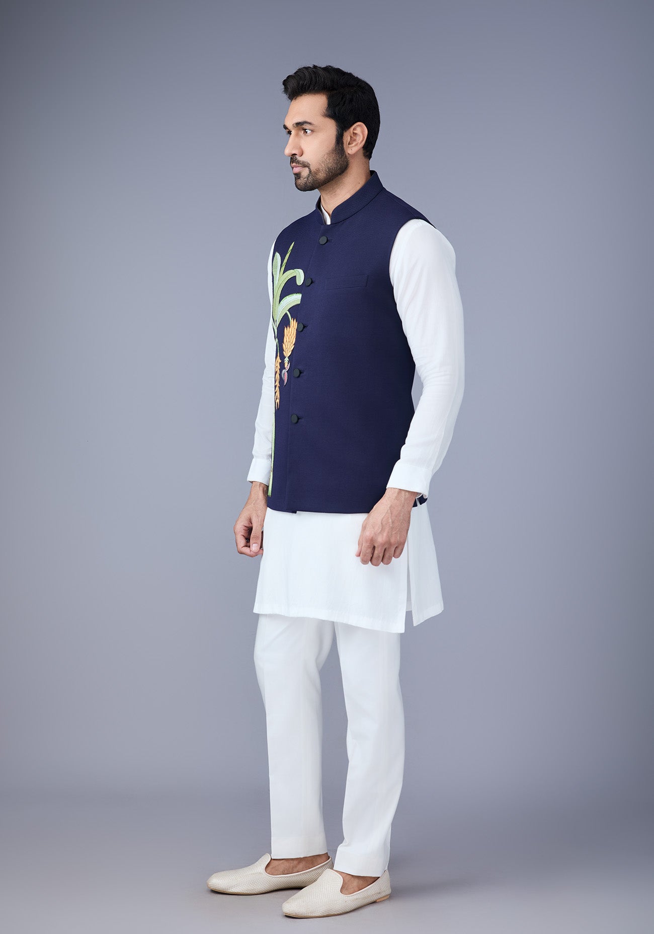 Navy blue with Banana Leaf Embroidery Nehru Jacket