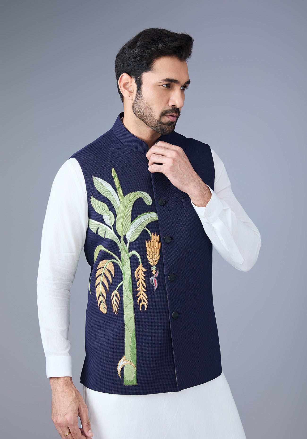 Navy blue with Banana Leaf Embroidery Nehru Jacket