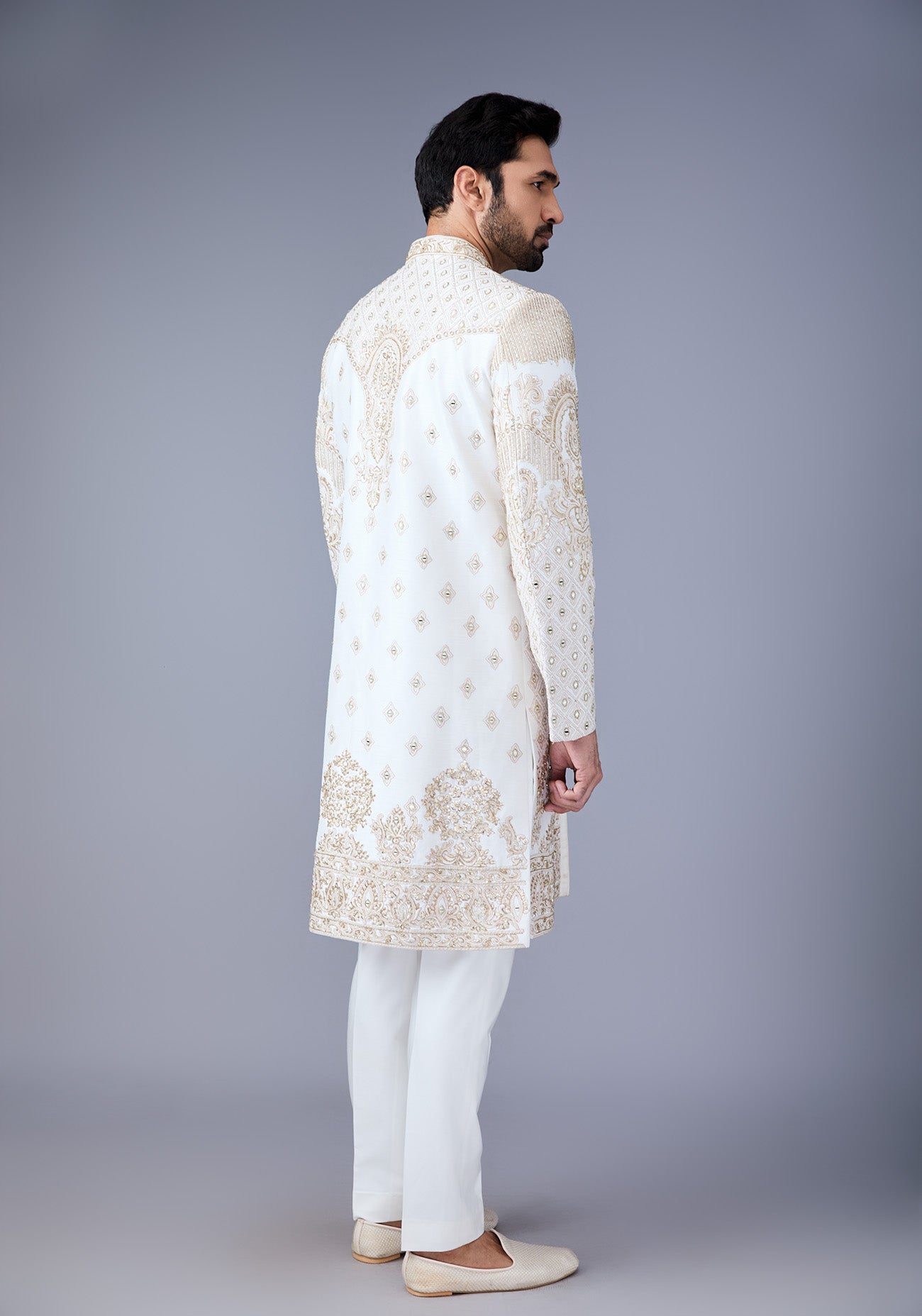 Off white and Gold hand Embroidered Sherwani