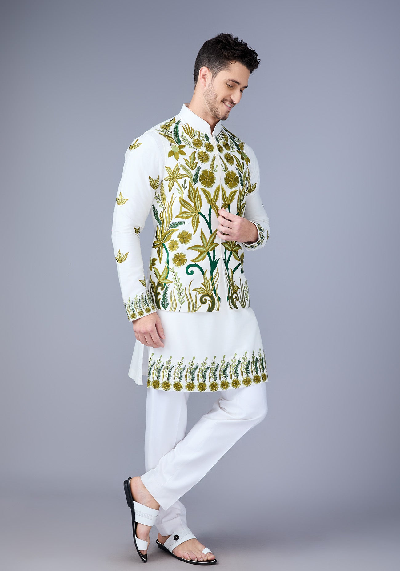 Off White & Green Embroidered Nehru Jacket Set