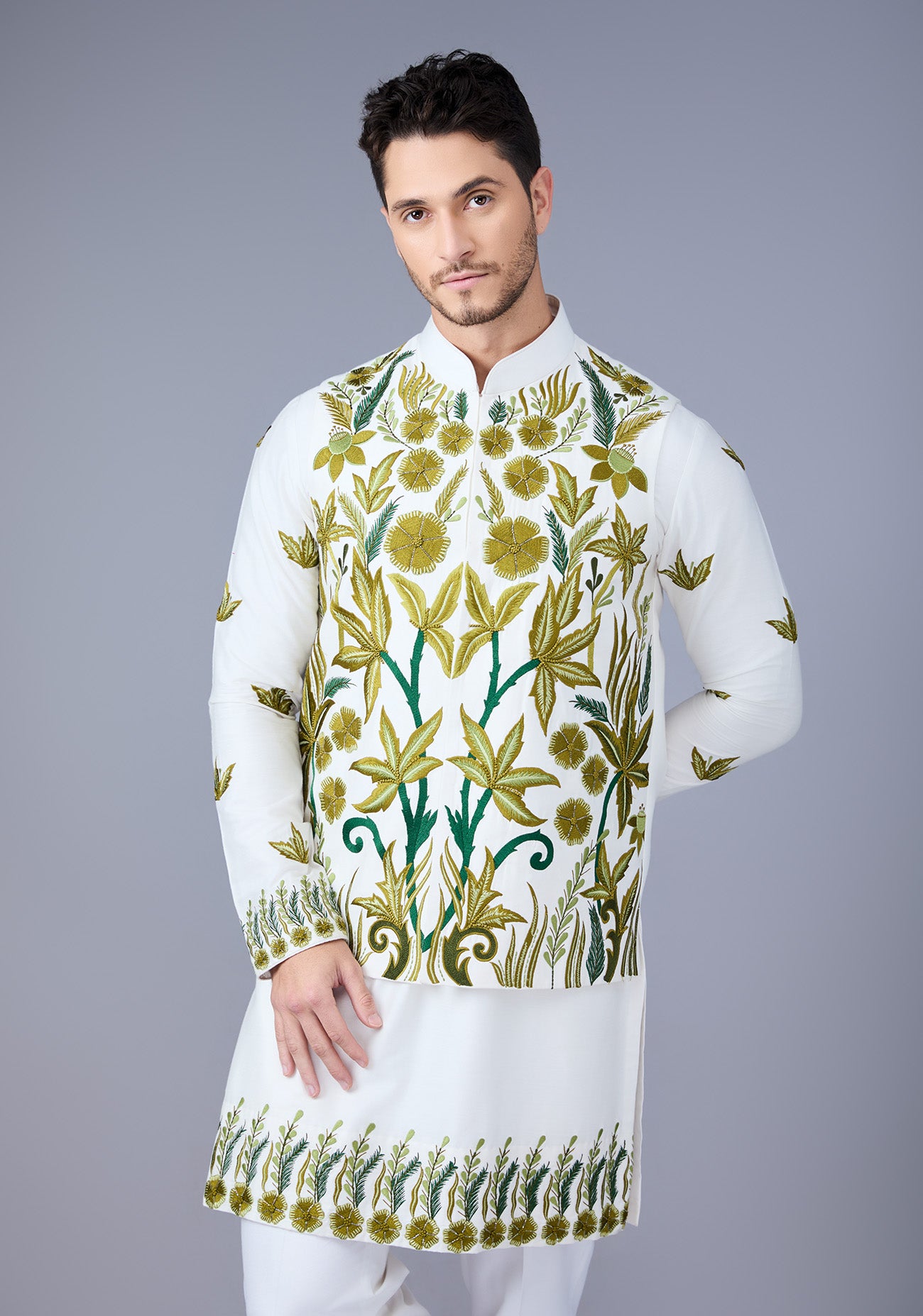 Off White & Green Embroidered Nehru Jacket Set