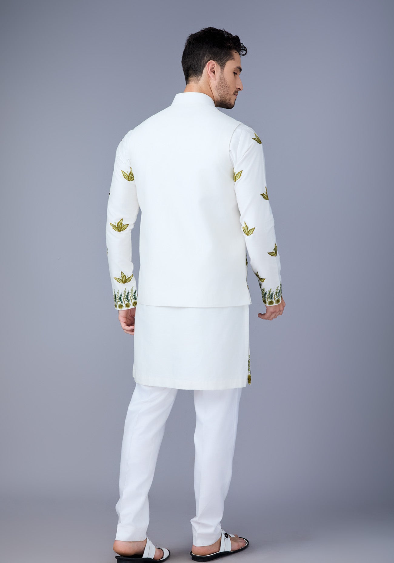 Off White & Green Embroidered Nehru Jacket Set