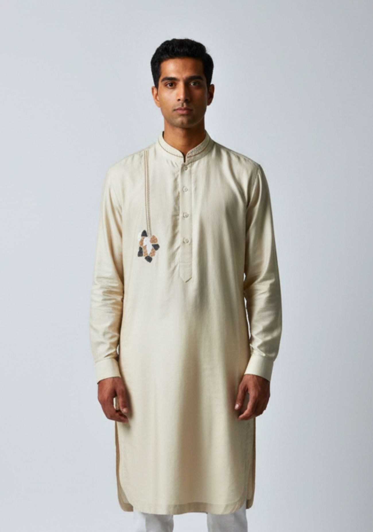 Beige french knot embroidered kurta