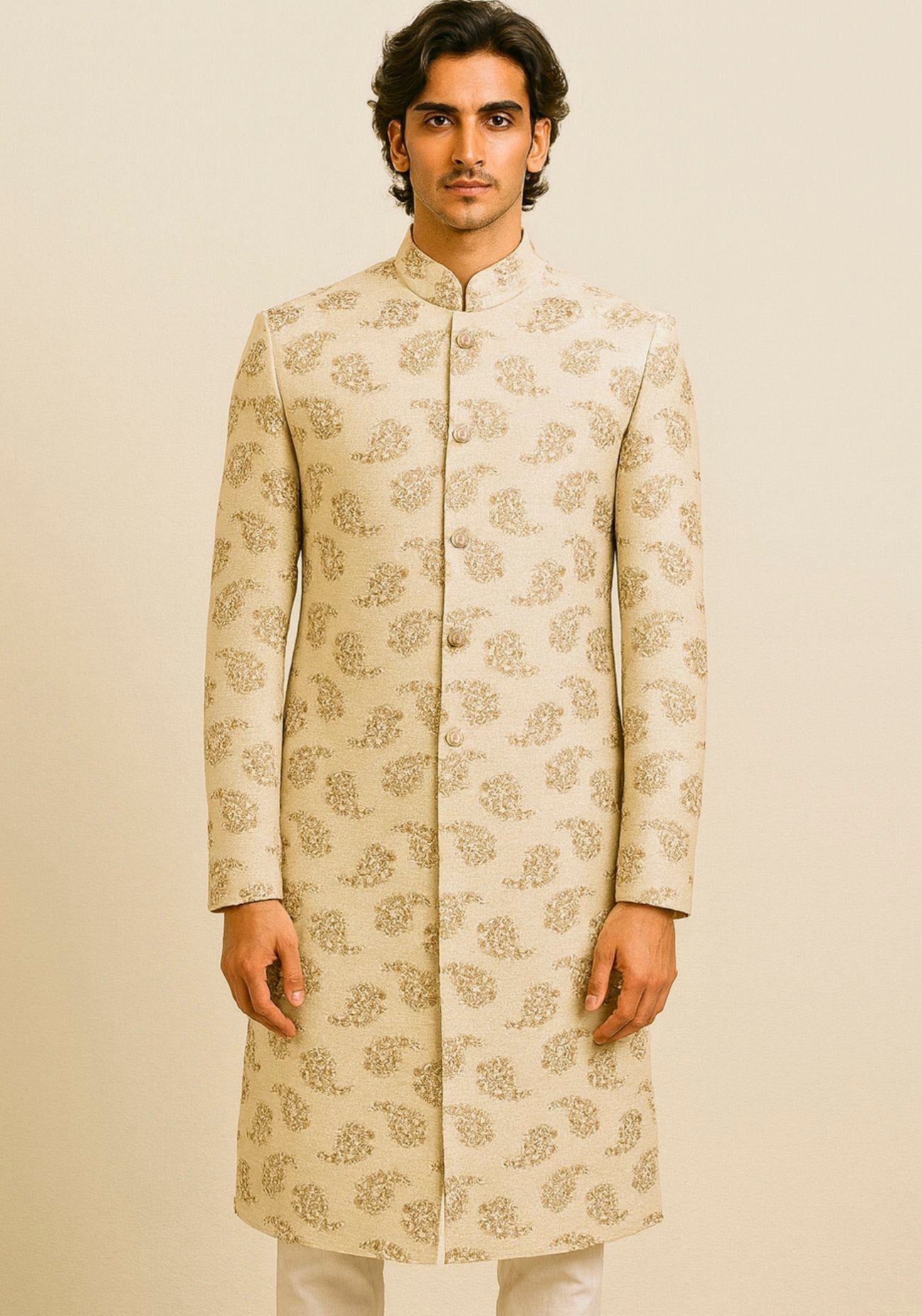 Beige Paisley Hand Highlights Sherwani