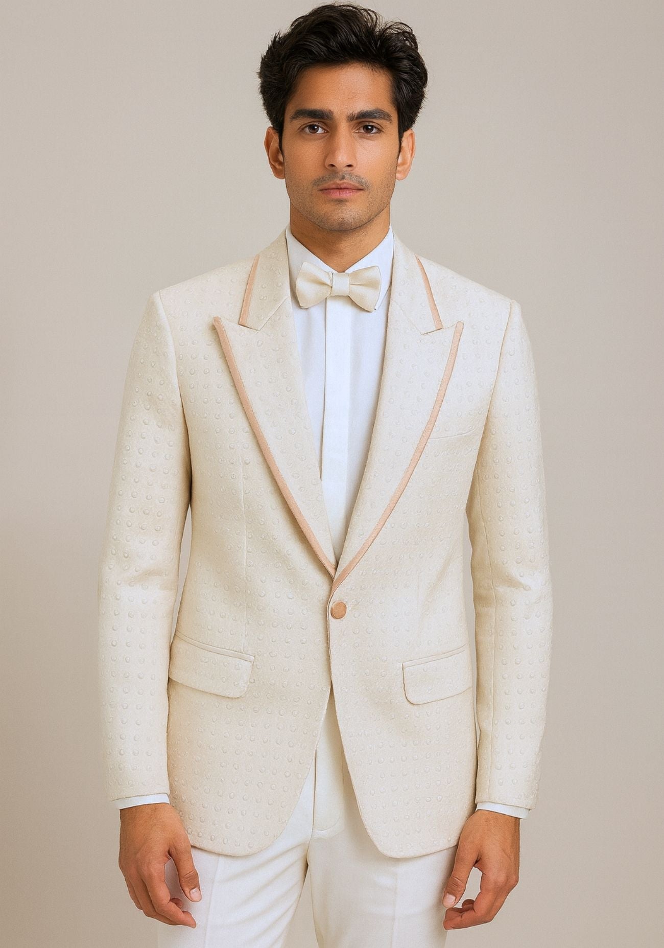 Beige Textured Velvet Tuxedo