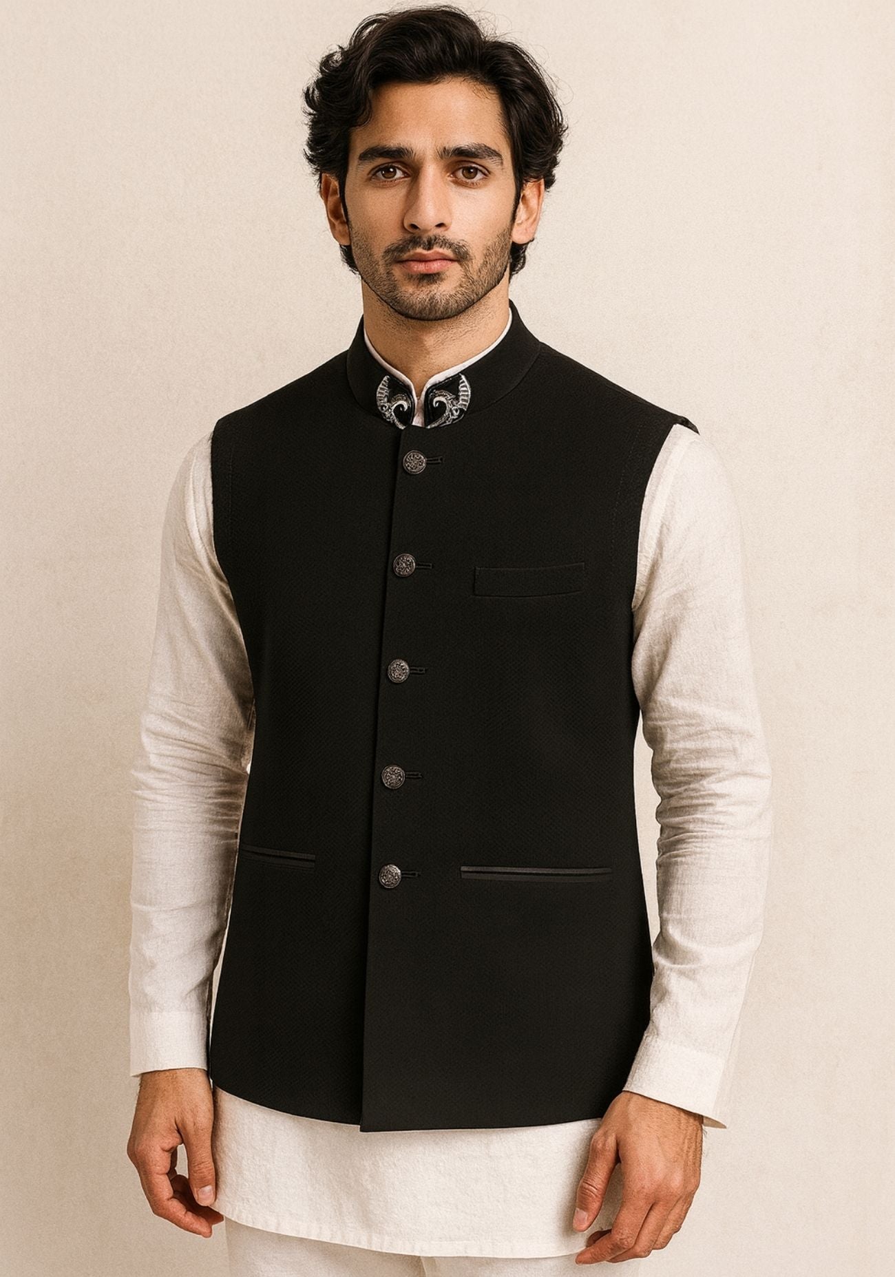 Black Collar Embroidered Nehru Jacket