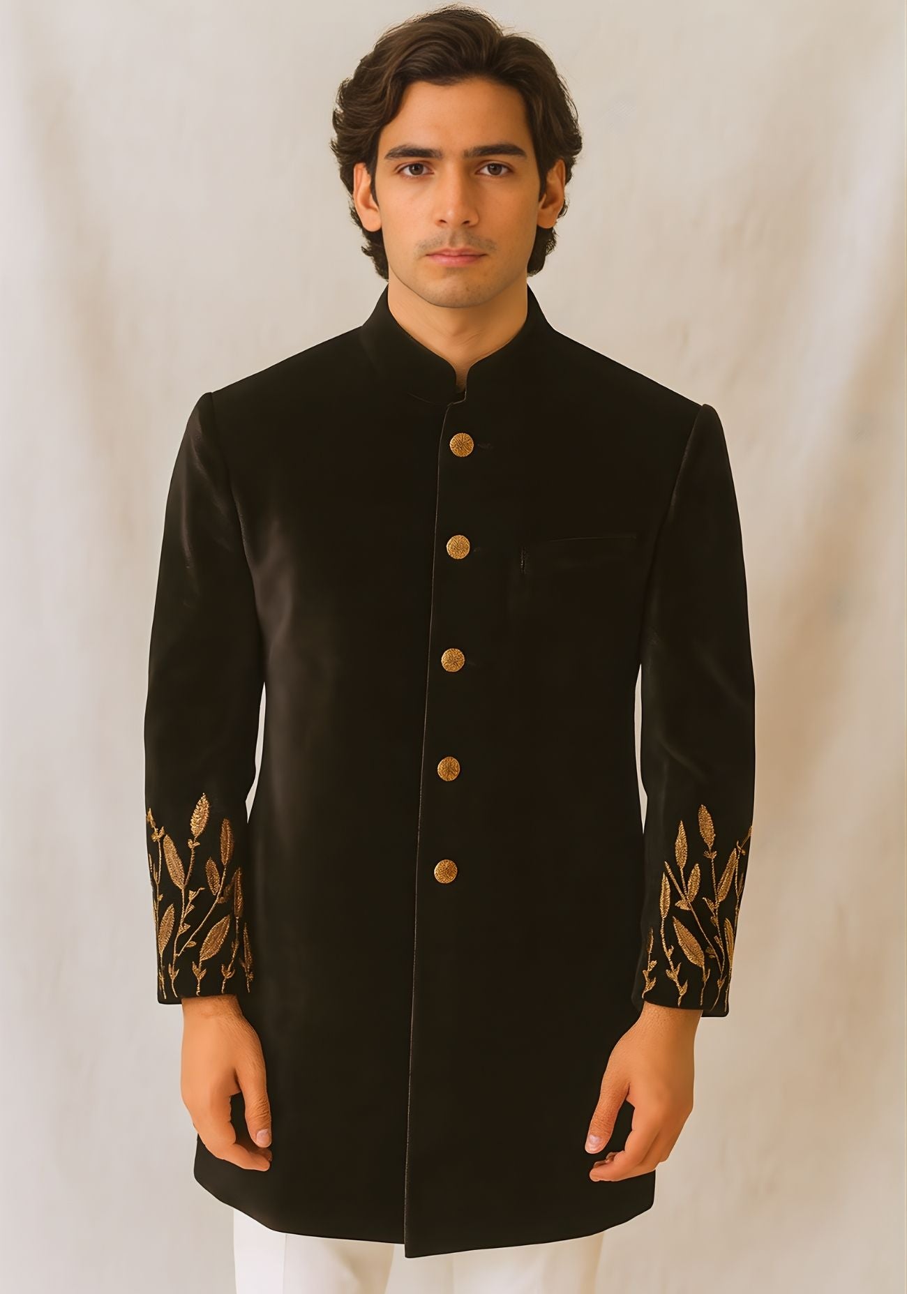 Black Velvet Sherwani with Gold Leaf Embroidery