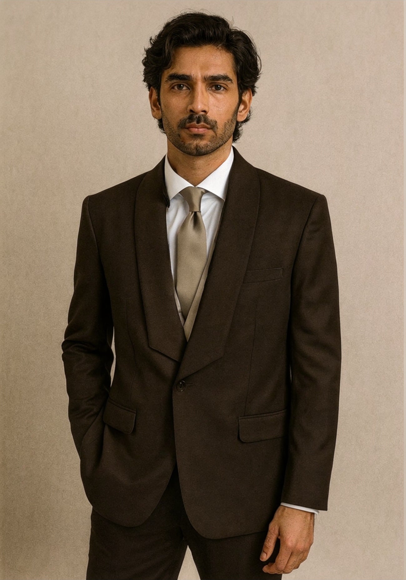 Brown asymetrical shawl lapel suit