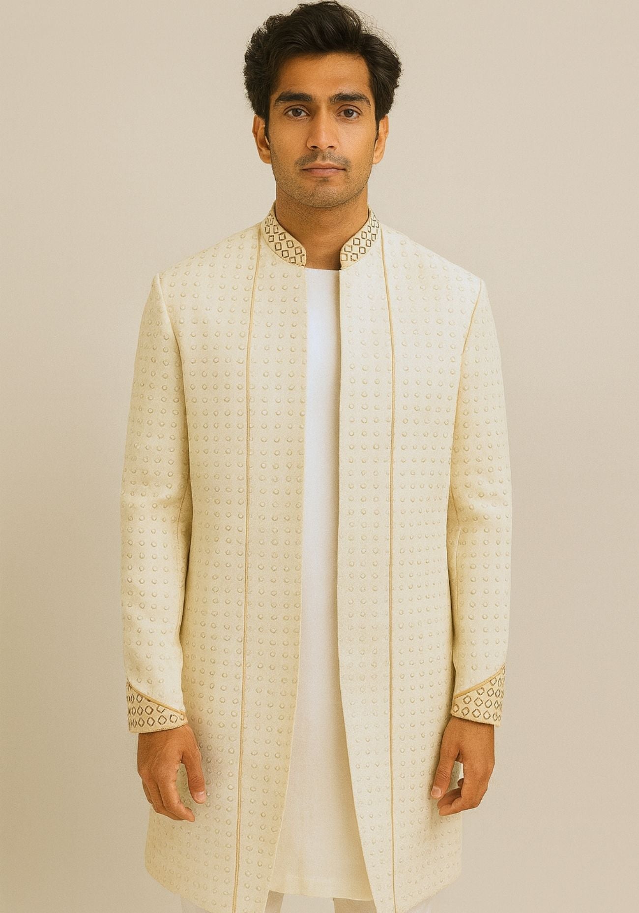 Cream Diamond Hand Highlights Sherwani Set