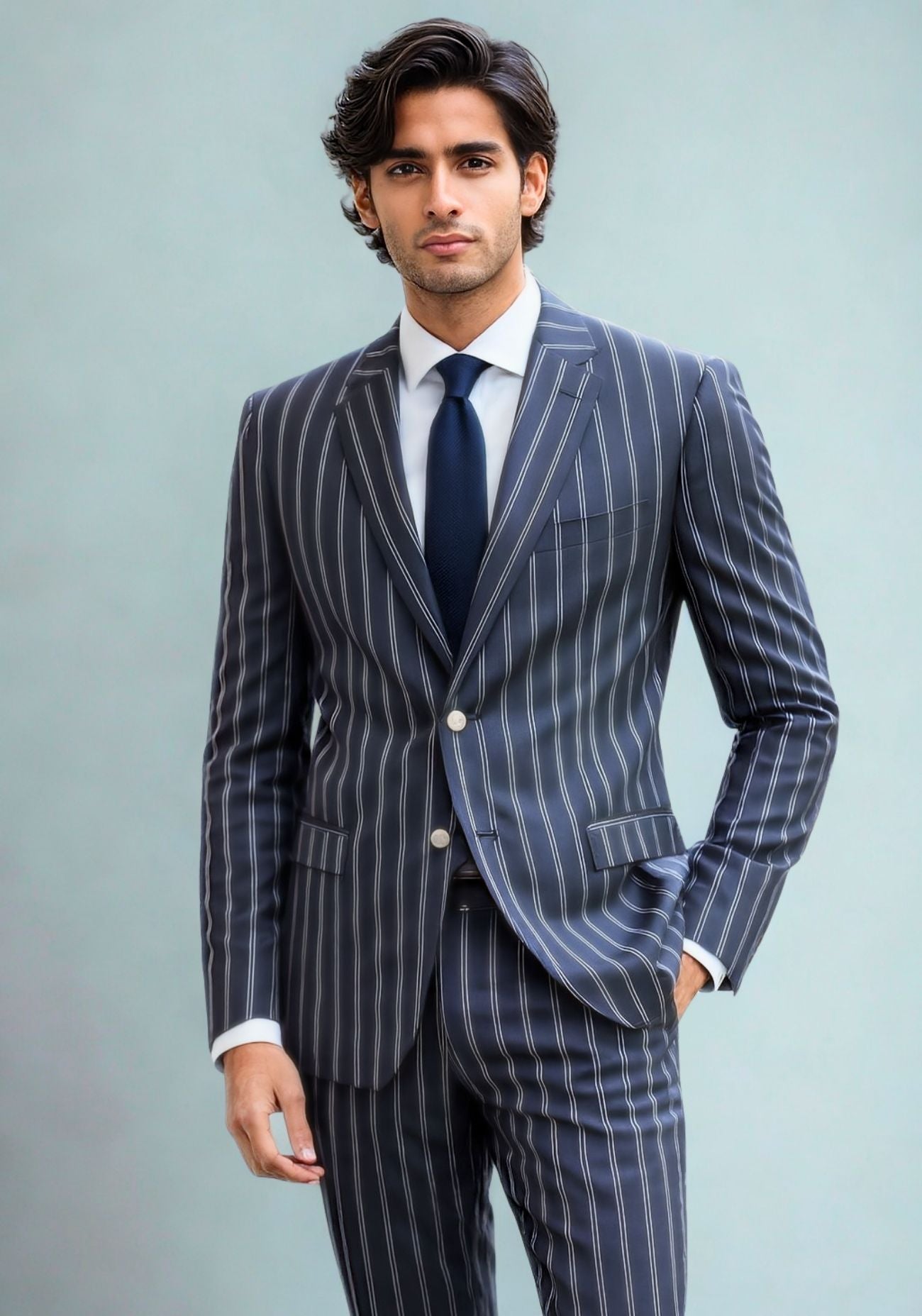 Dark blue with white Pinstripe Suit