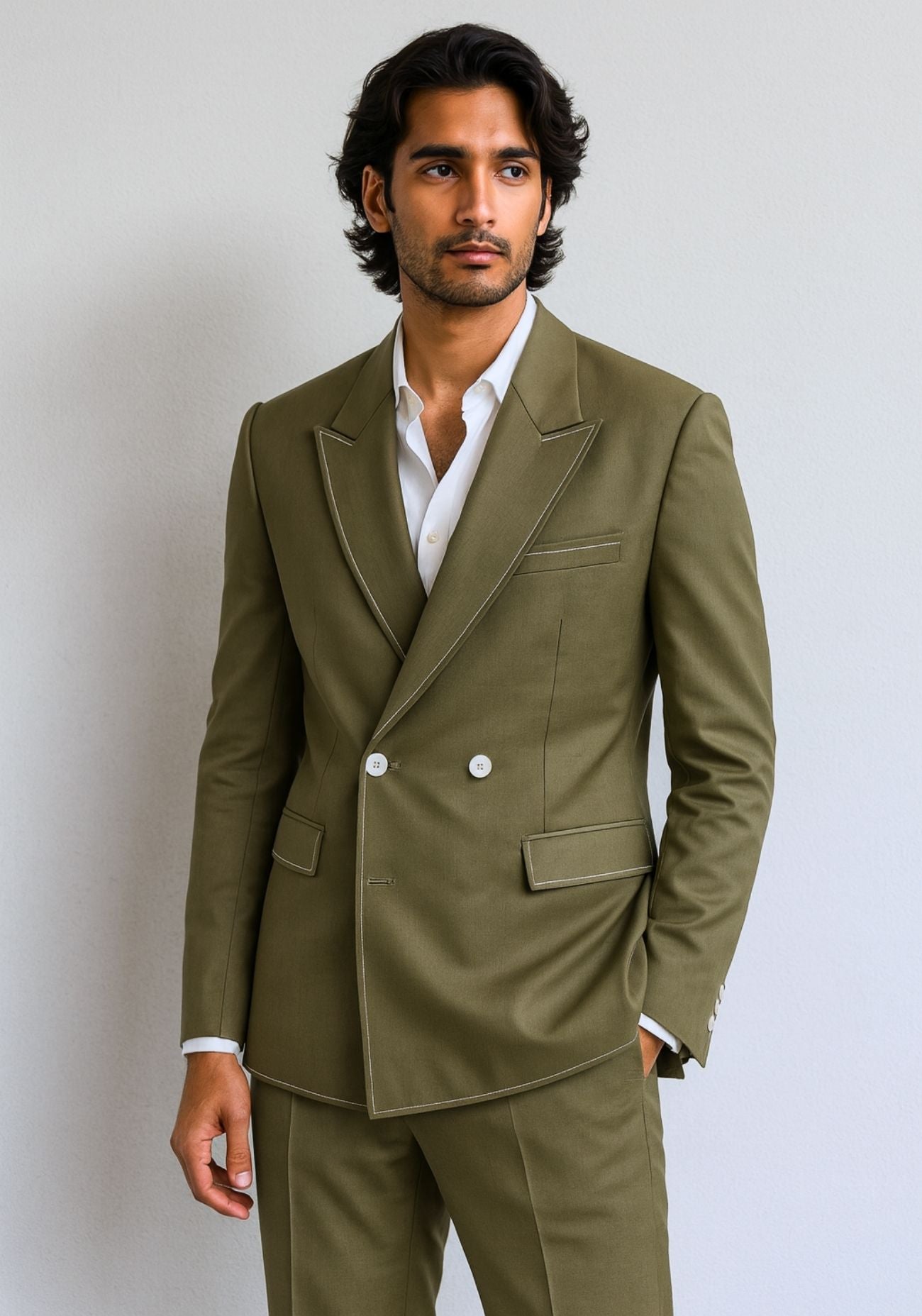 Double Breasted Olive Green Suit with White Stitch Detail