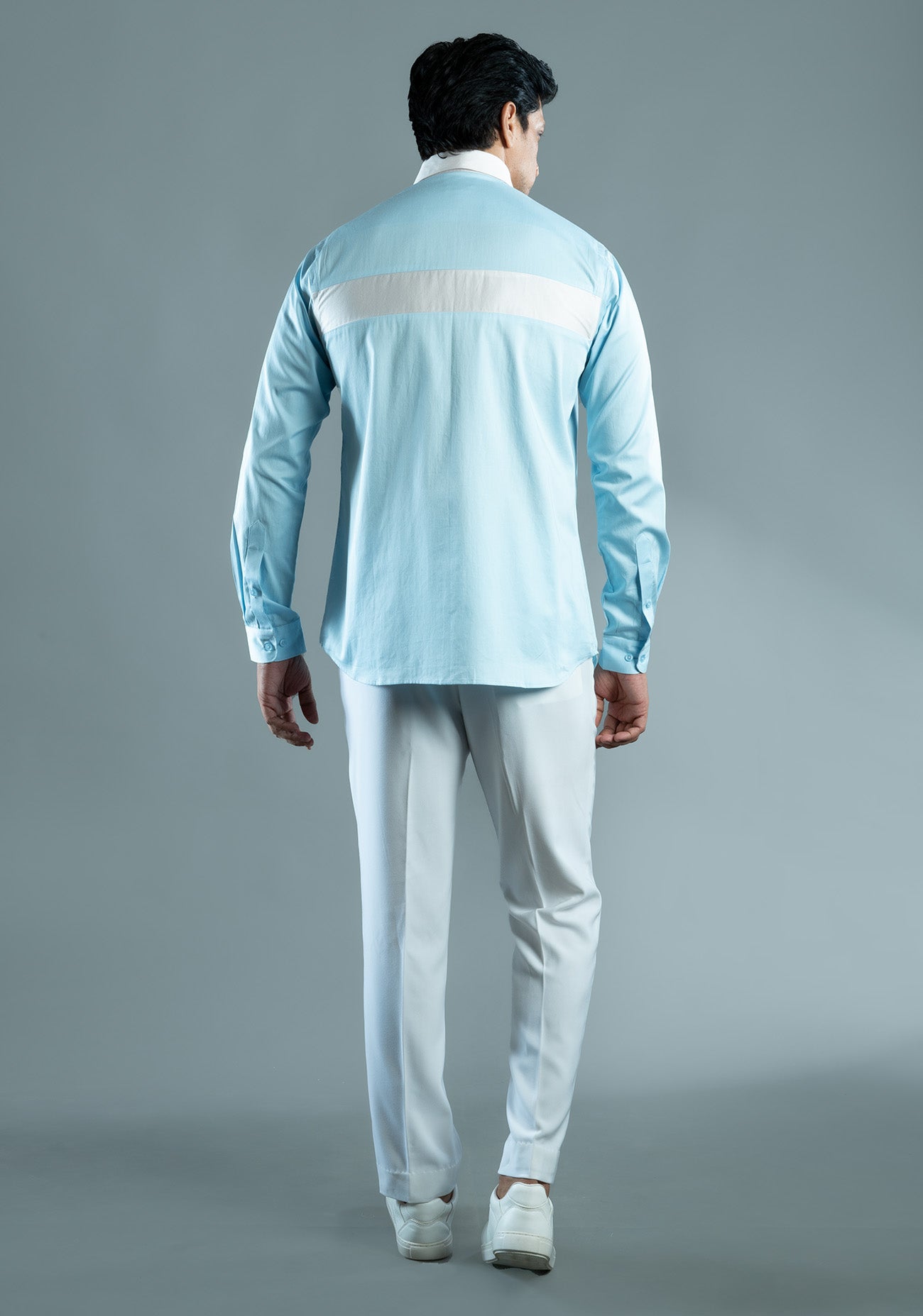 Powder Blue & White Cotton Color Block Shirt