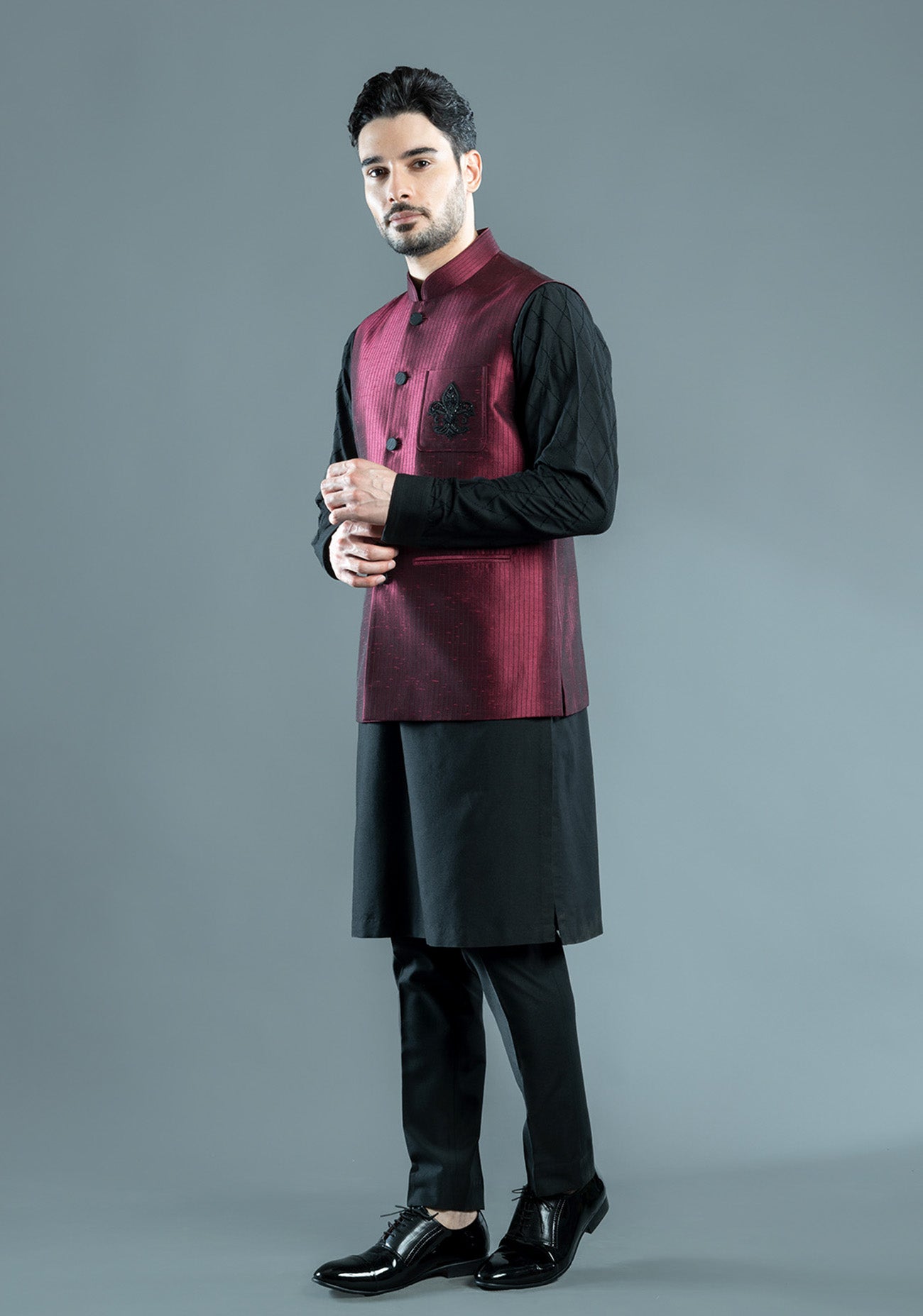 Maroon Embroidered Nehru Jacket Set