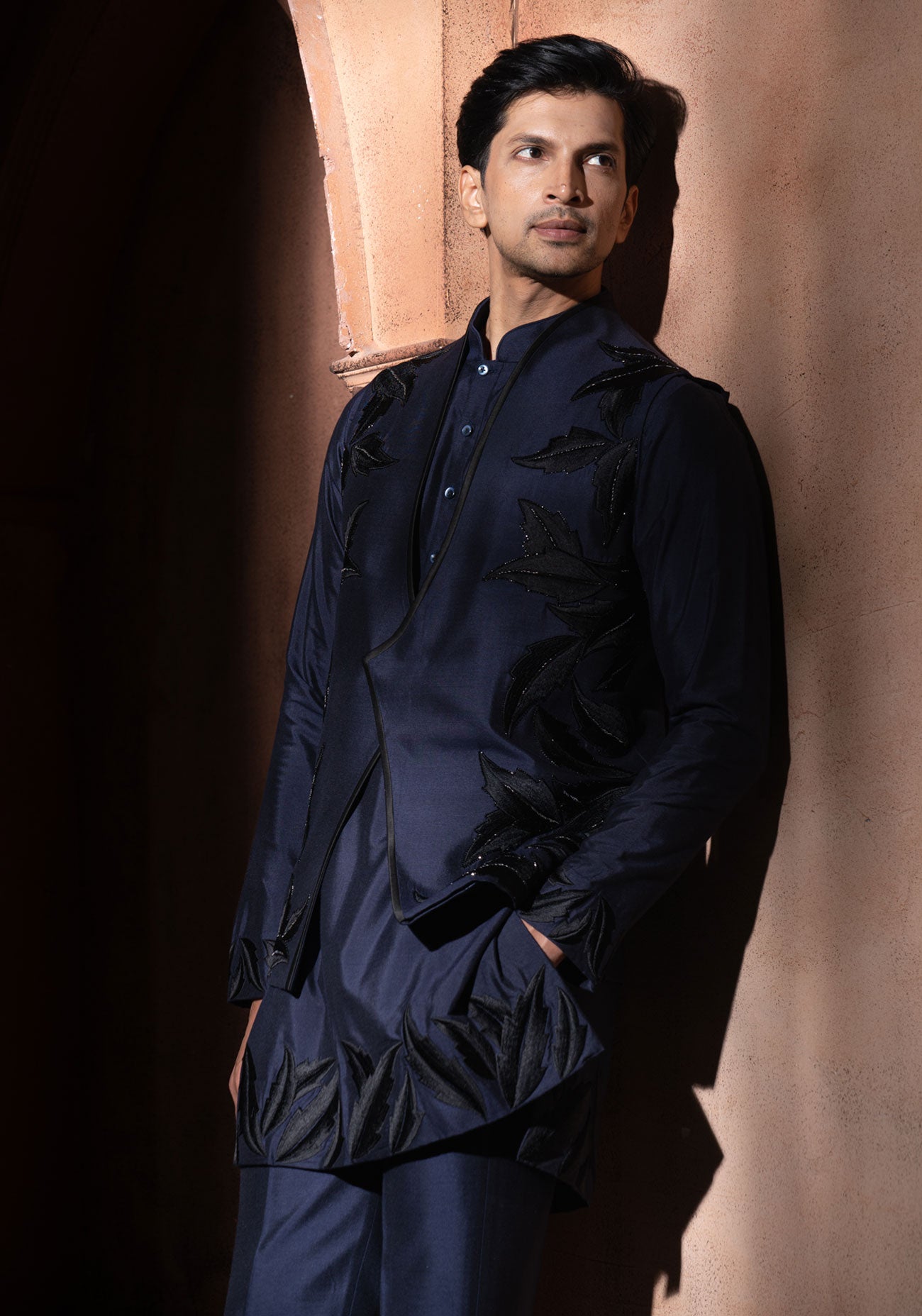 Navy Blue Leaf Embroidered Nehru Jacket Set