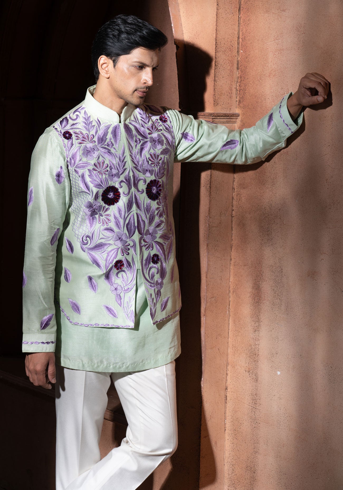 Mint Green Embroidered Nehru Jacket Set