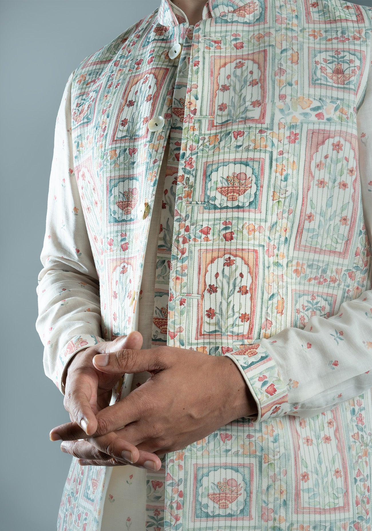 Cream Floral Printed & Embroidered Nehru Jacket Set