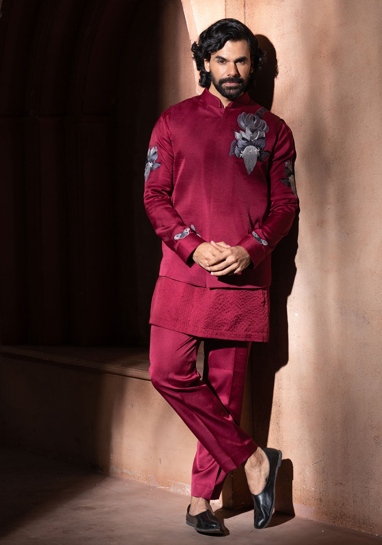 Maroon Embroidered Nehru Jacket Set