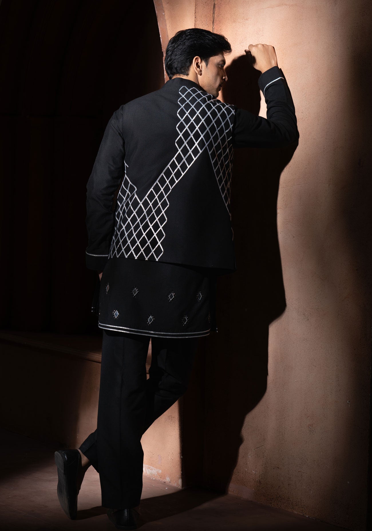 Black Foil Work Nehru Jacket Set