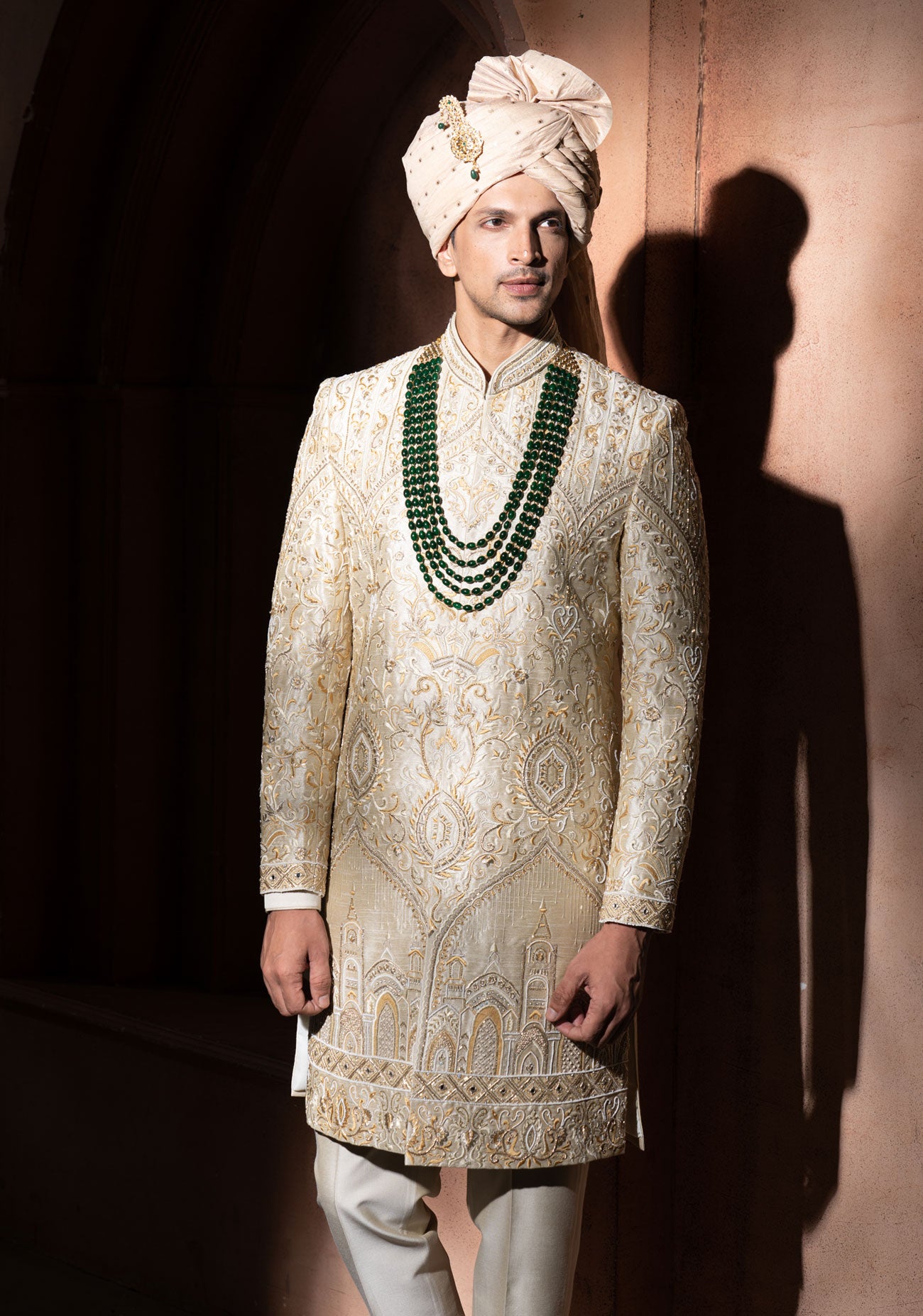 Cream & Gold Hand Embroidered Sherwani