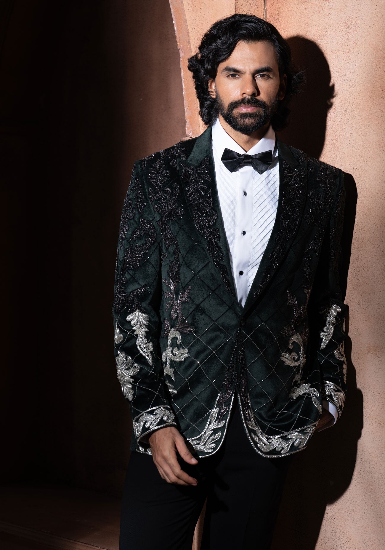 Bottle Green Velvet Embroidered Tuxedo