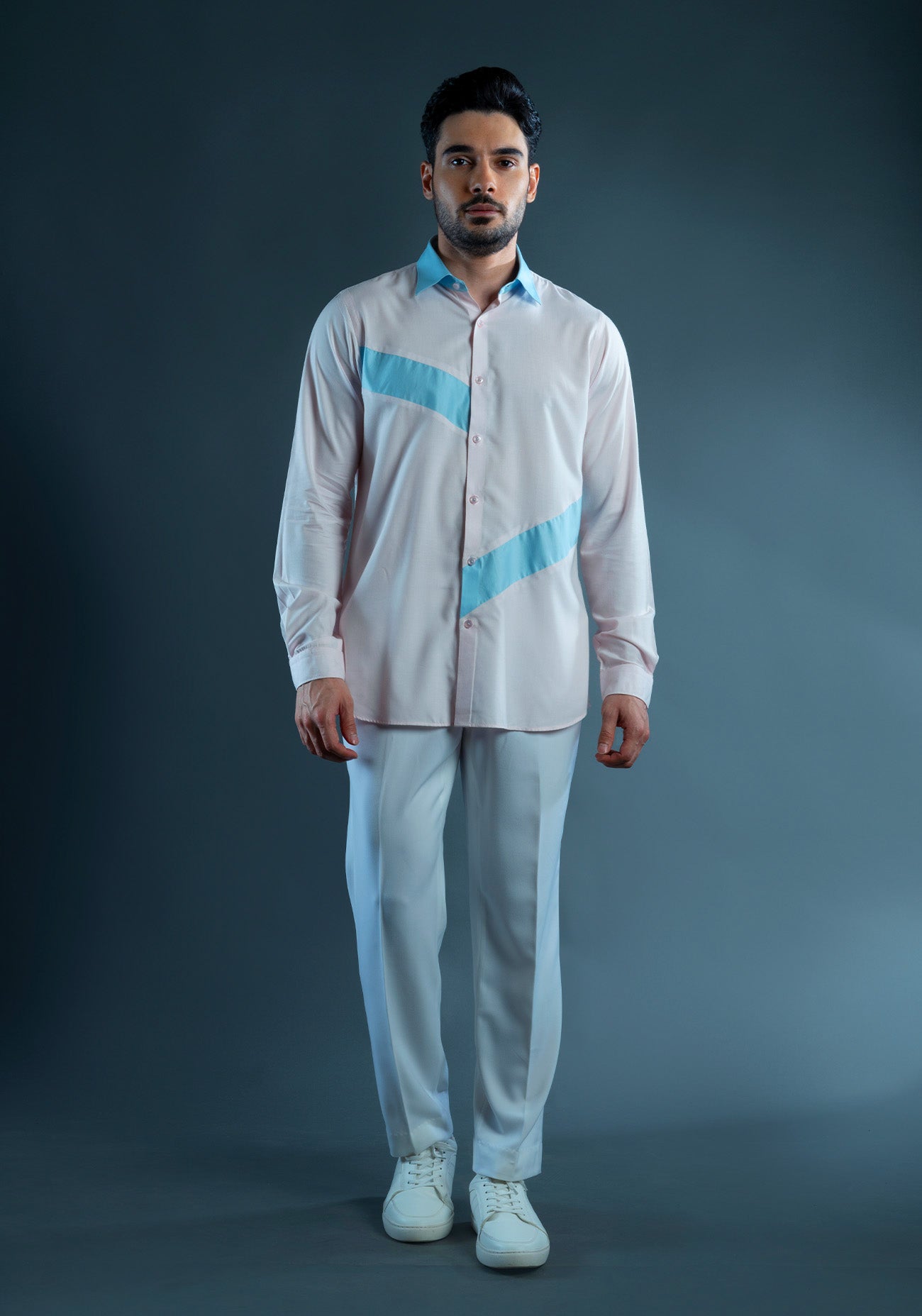 Pink & Blue Cotton Color Block Shirt