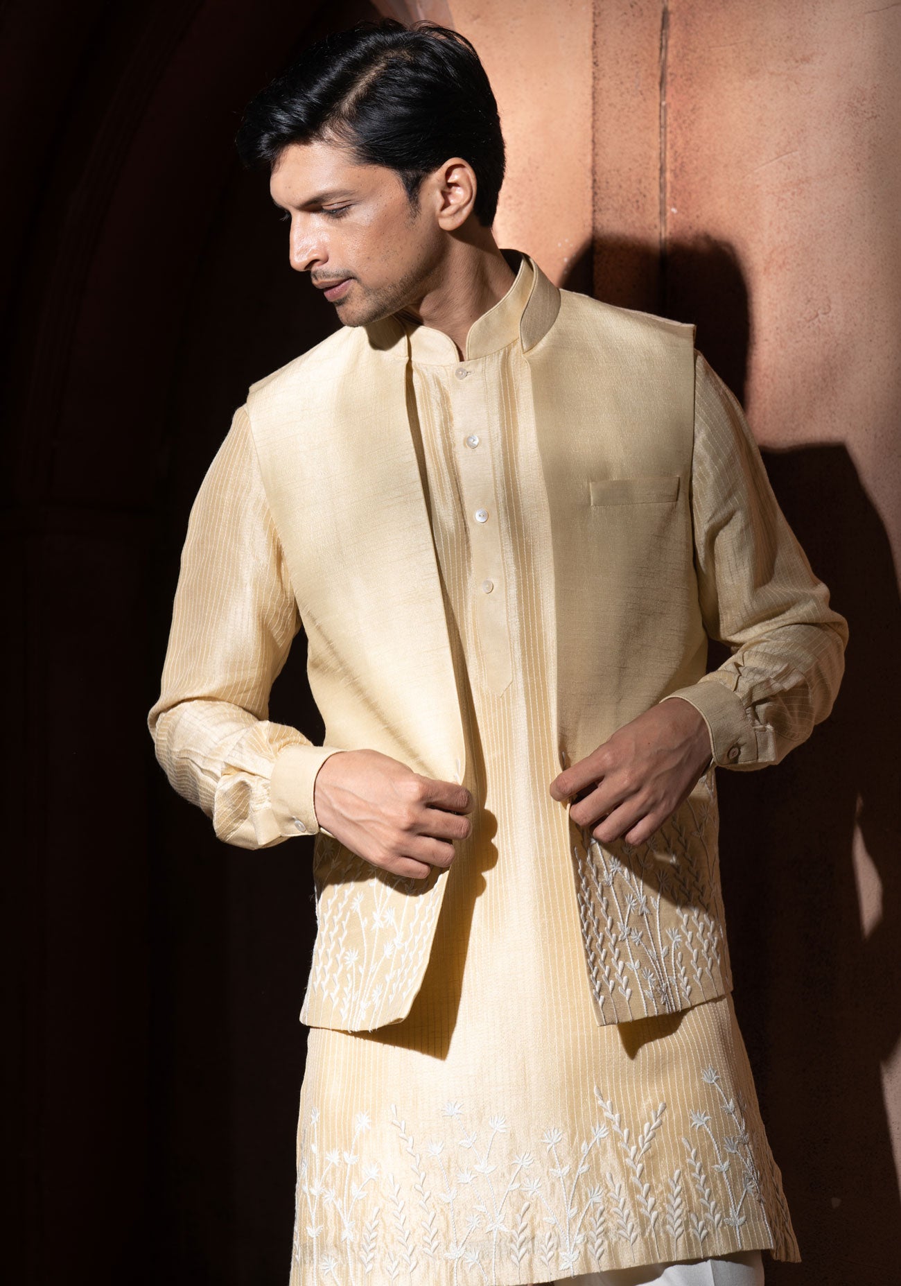 Beige Silk Embroidered Nehru Jacket Set