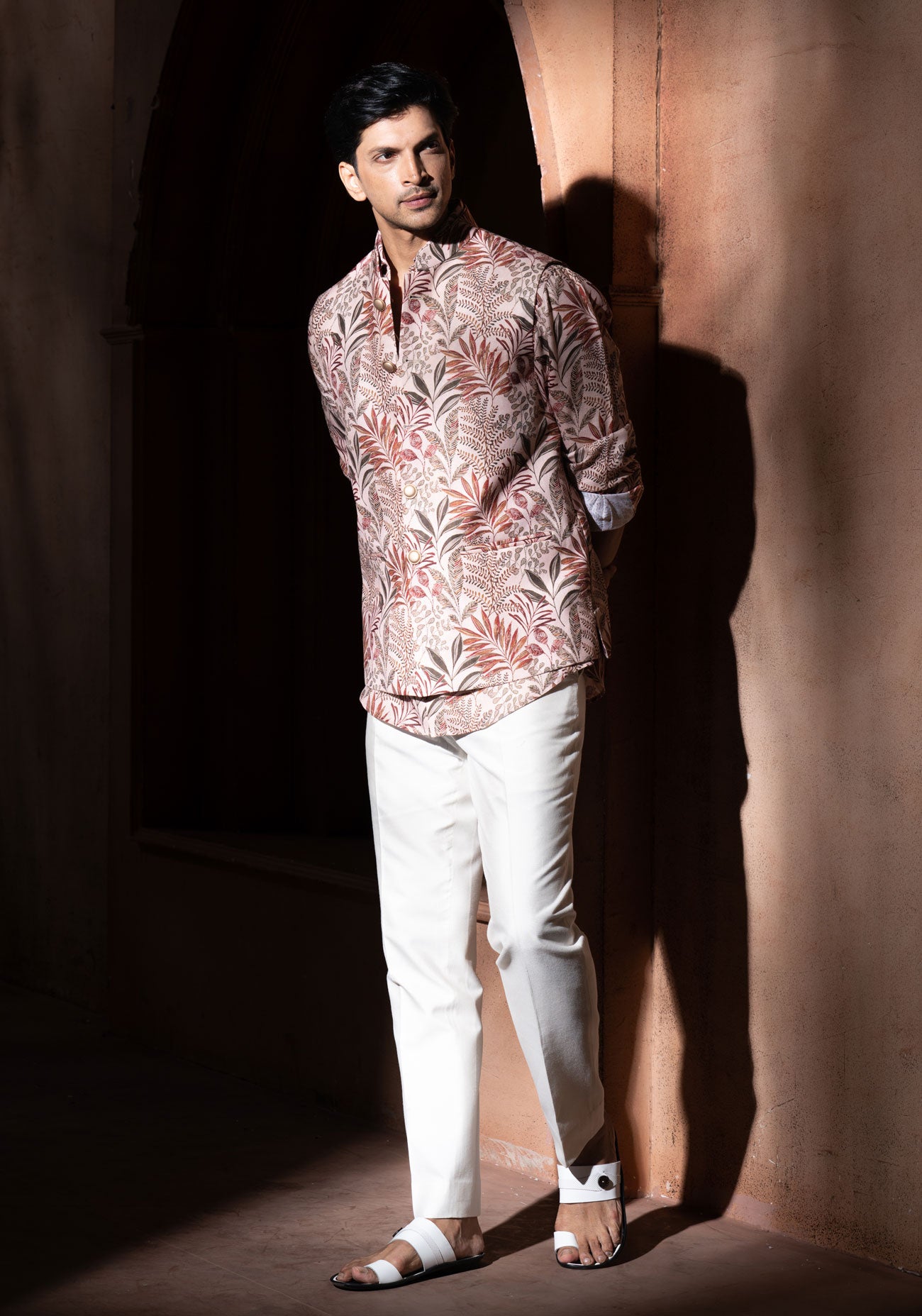 Beige Floral Print Nehru Jacket