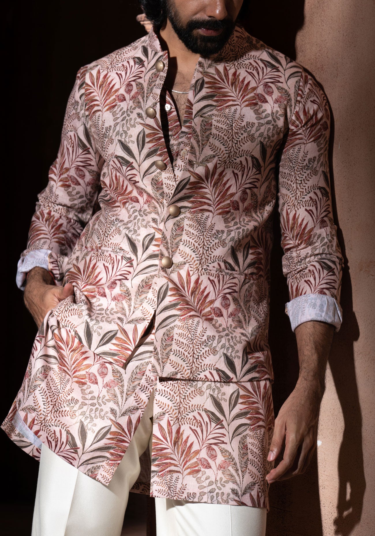 Beige Floral Print Nehru Jacket Set