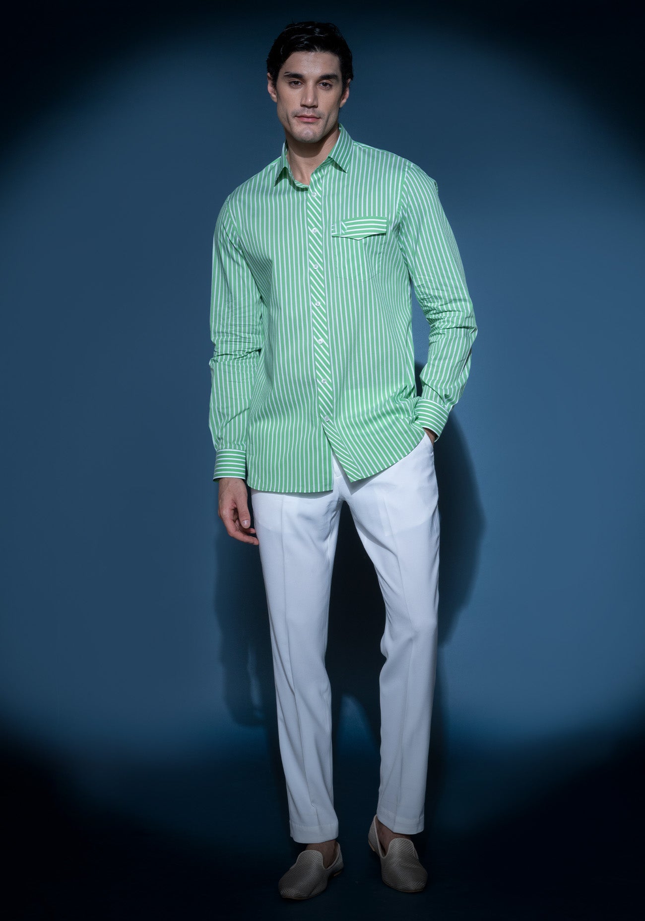 White & green striped cotton shirt