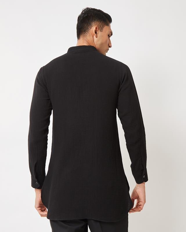 Black Textured Kurta with Zipper