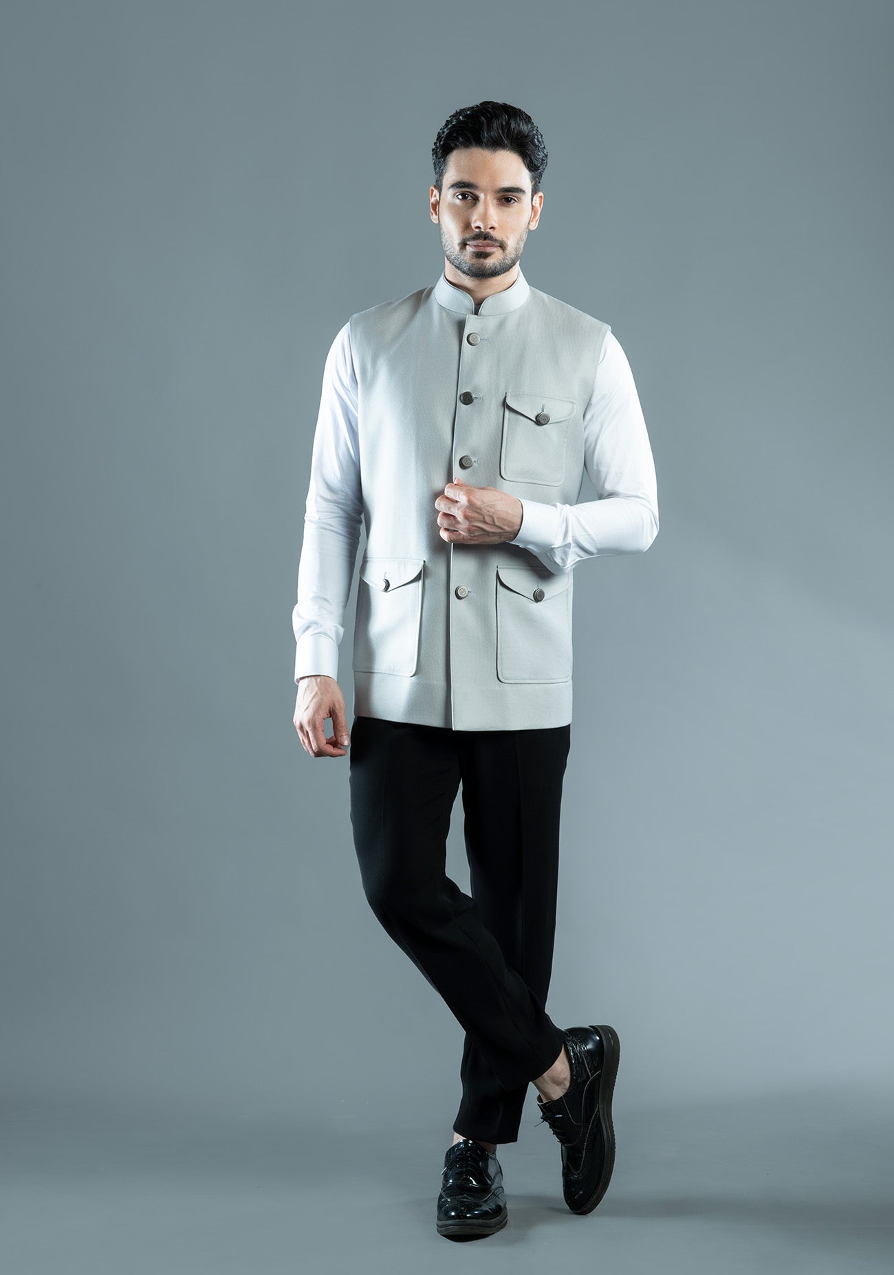 Grey Textured Nehru Jacket With Patch Pockets