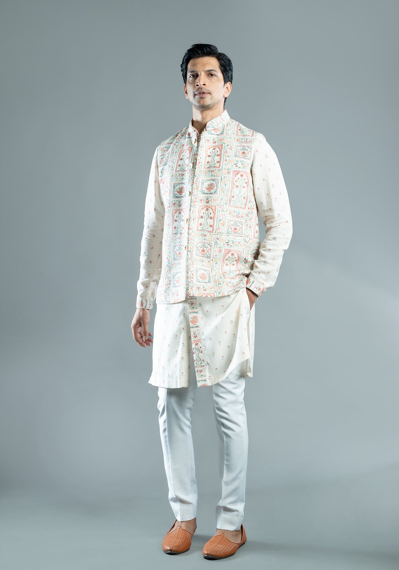 Cream Floral Printed & Embroidered Nehru Jacket Set