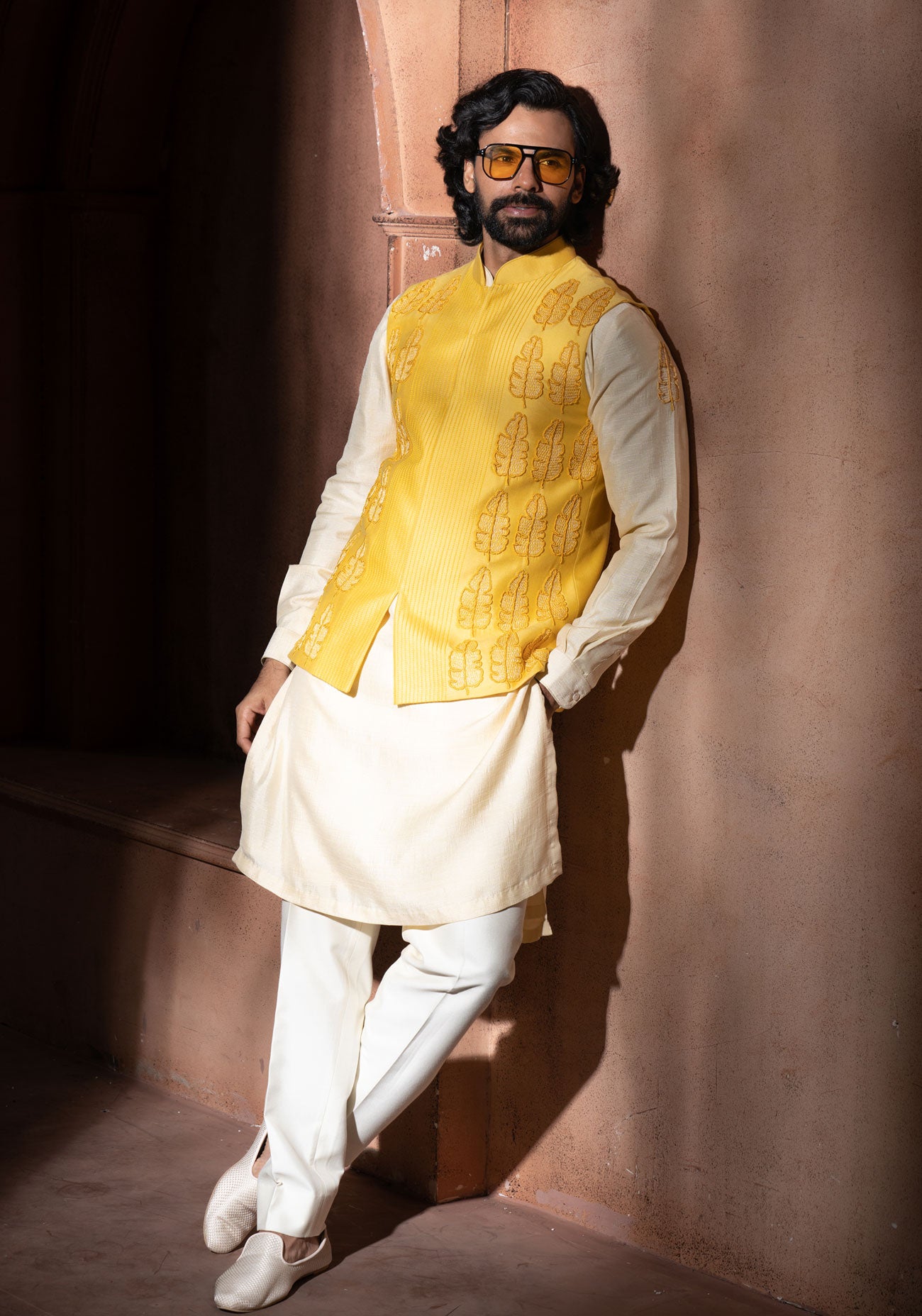 Yellow Embroidered Nehru Jacket Set