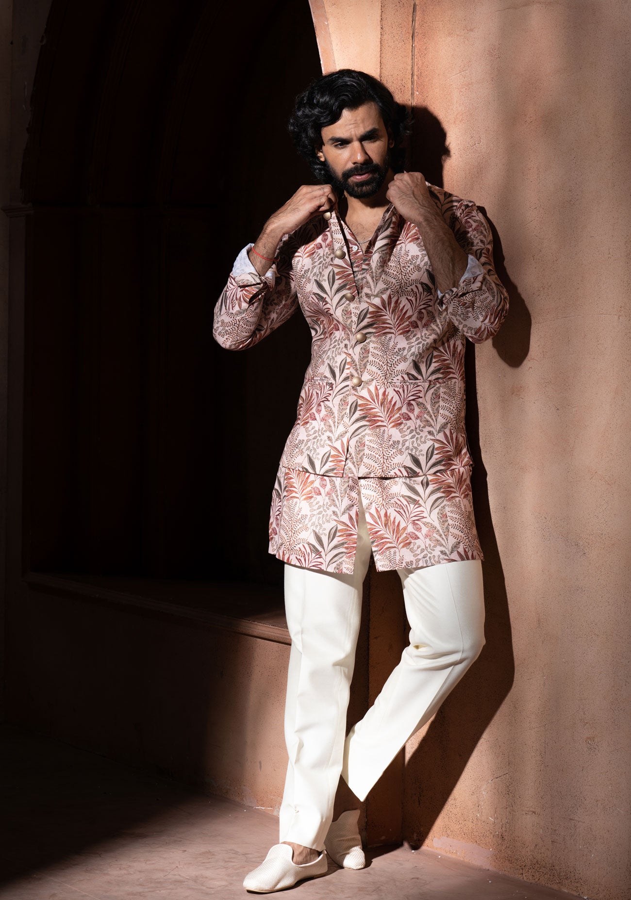 Beige Floral Print Nehru Jacket Set