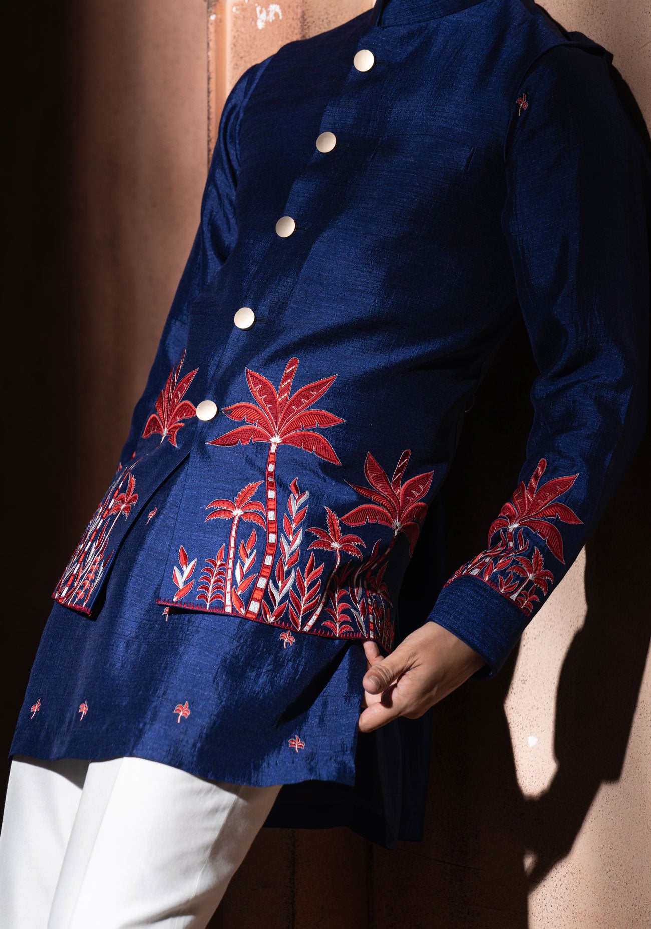 Blue & Red Embroidered Nehru Jacket Set