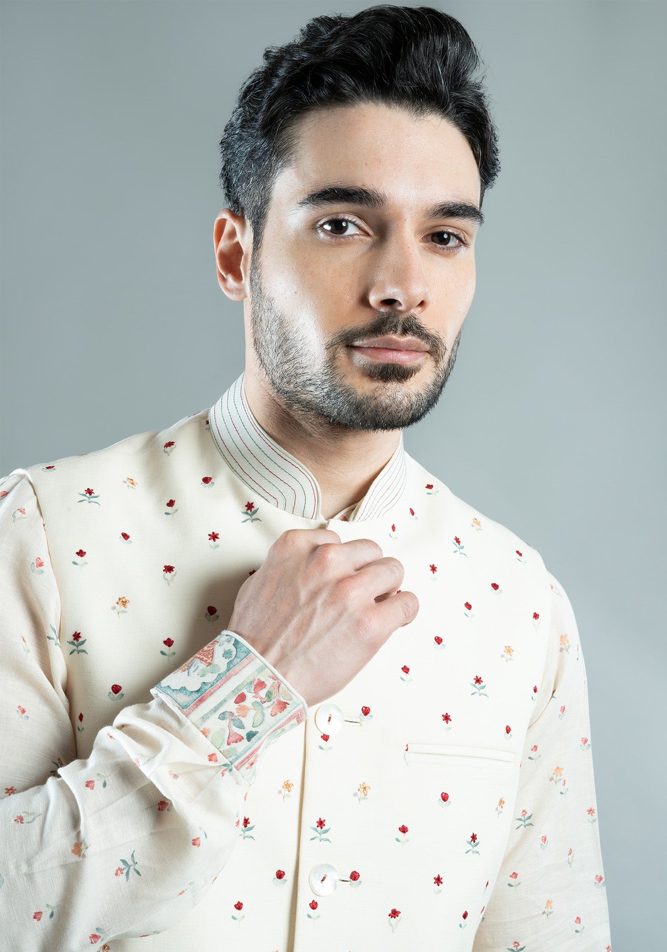 Cream Floral Printed Nehru Jacket Set