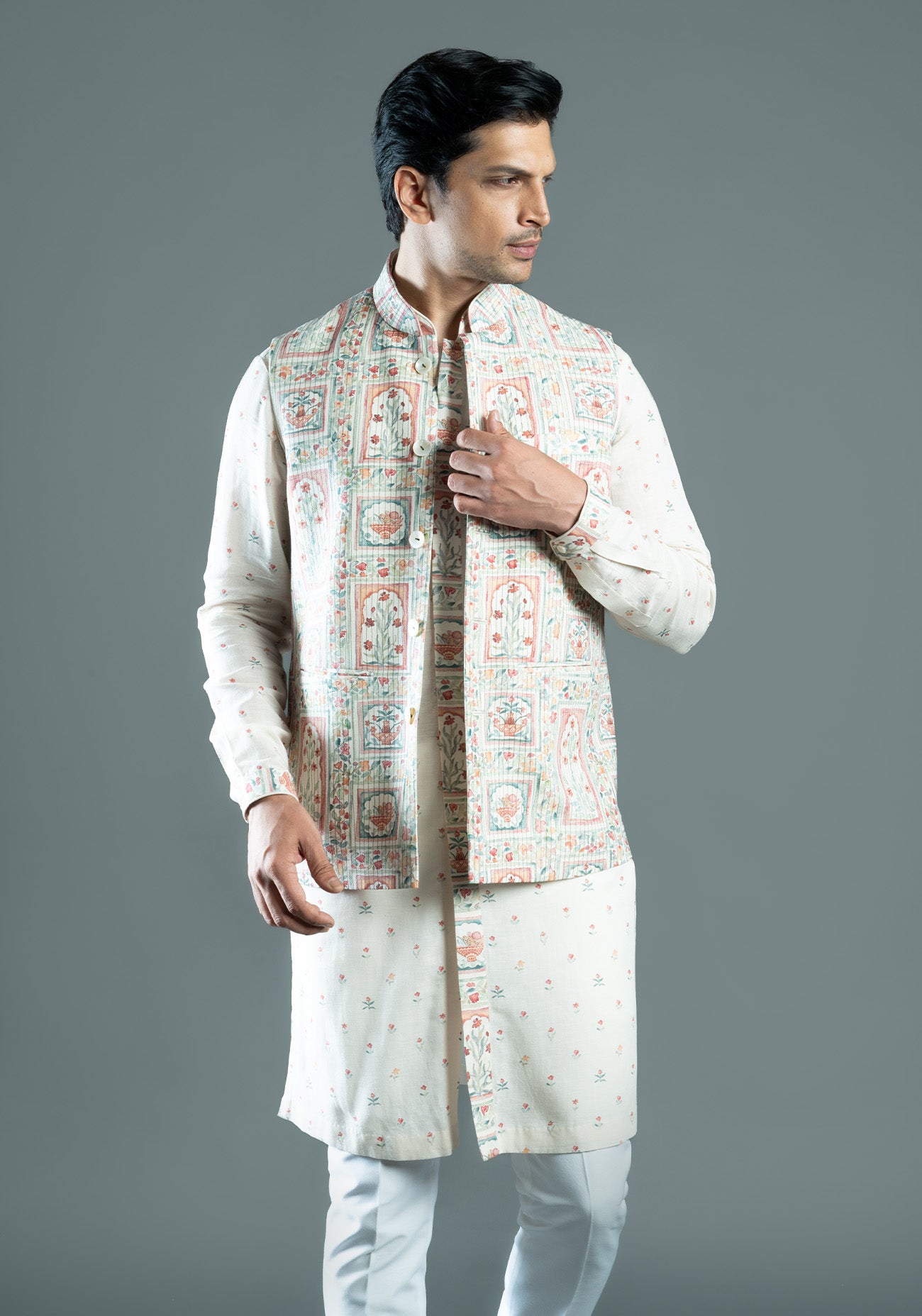 Cream Floral Printed & Embroidered Nehru Jacket Set