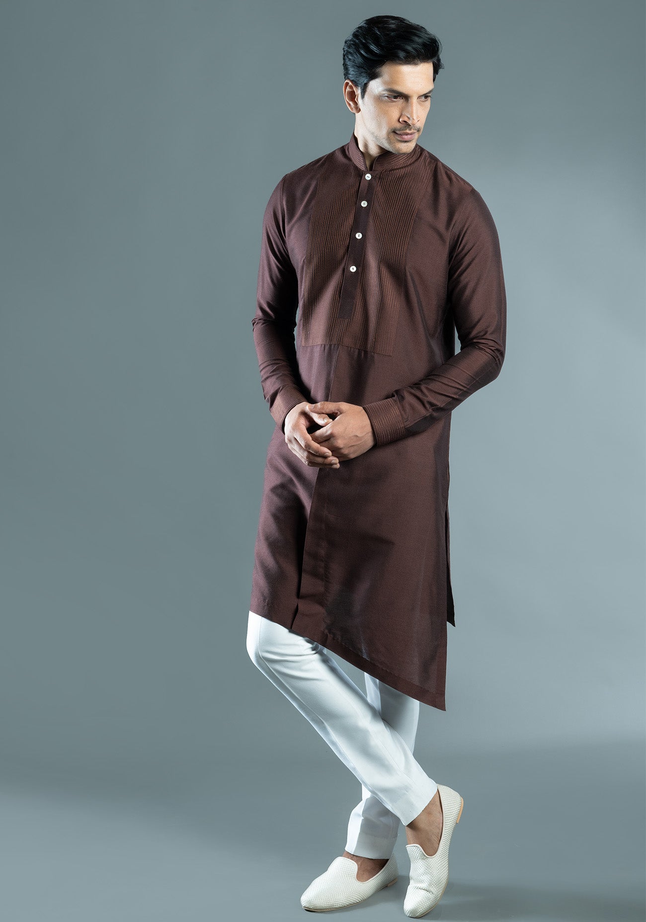 Brown Asymmetric Embroidered Kurta
